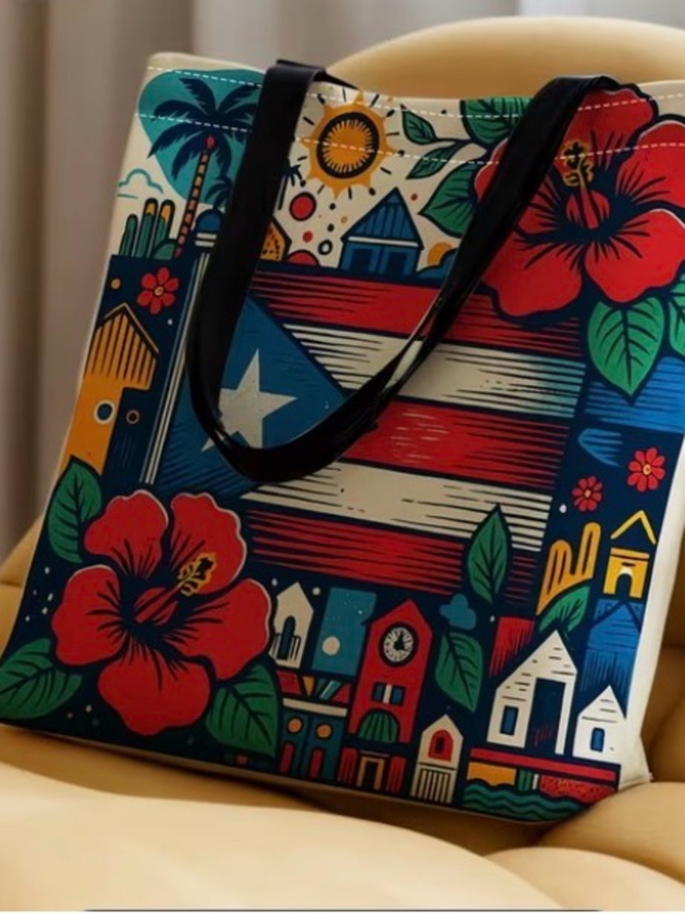 Vibrant Floral Puerto Rico Print Tote Bag - Blue & Red